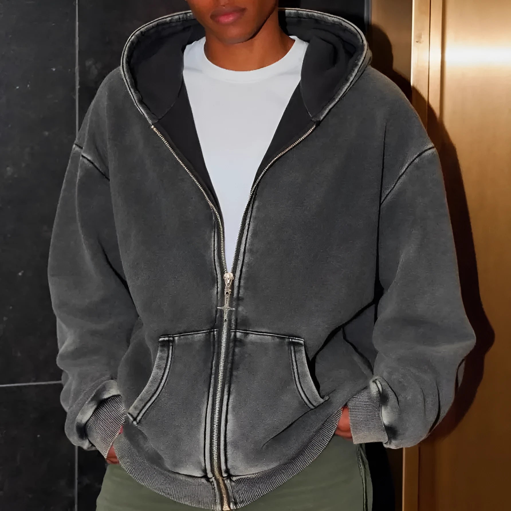 Men's loose cotton hoodie and jogger set with pullover hooded sweatshirt and pants, wool lining, S-2XL