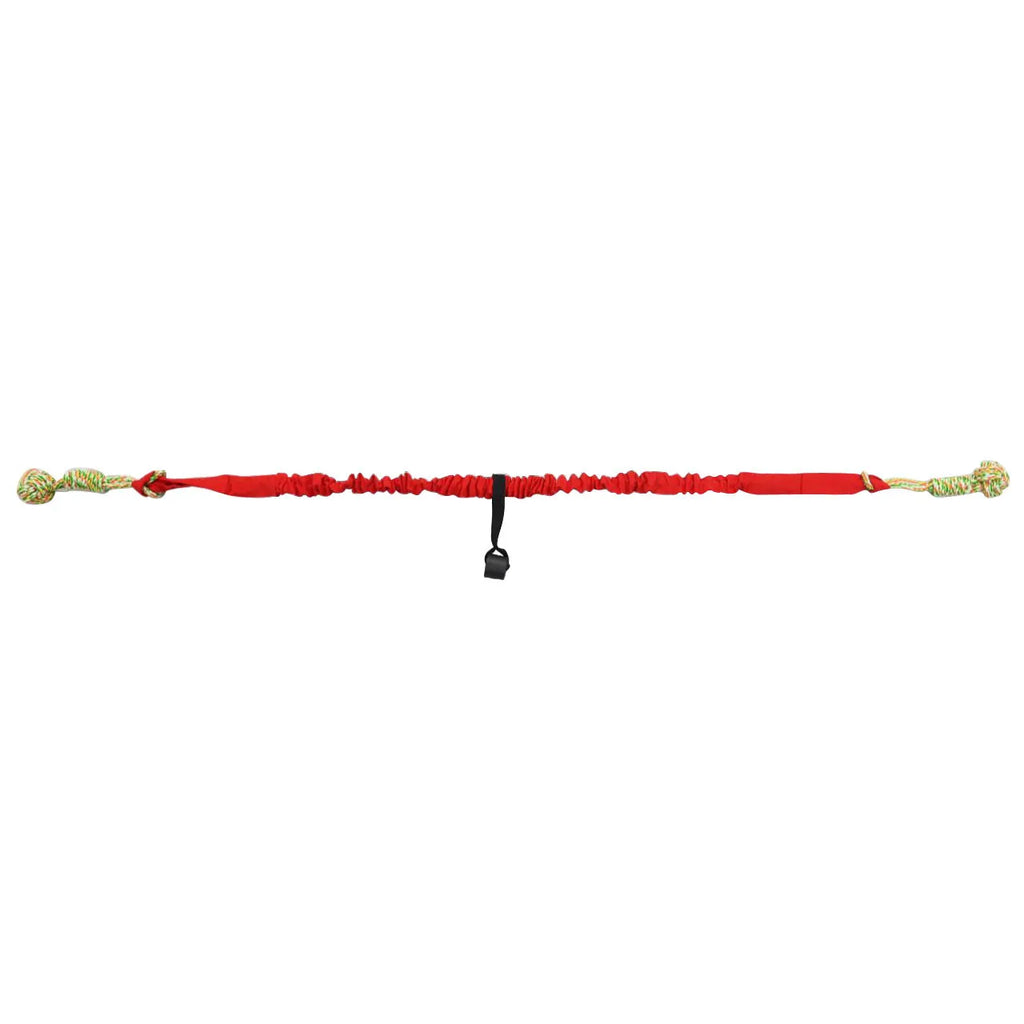 Cotton thread dog tug-of-war rope toy in red, shown with a dog during play.