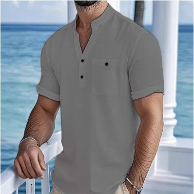 Men's linen stand collar t-shirt in loose fit with short sleeves