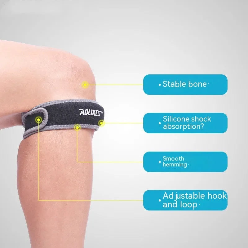 Black and grey patellar retinaculum knee support for running and sports.