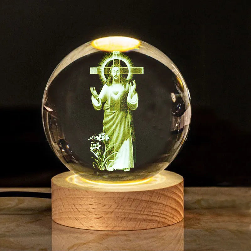White crystal lamp with 6cm diameter ball on solid wood warm light base for church office decoration