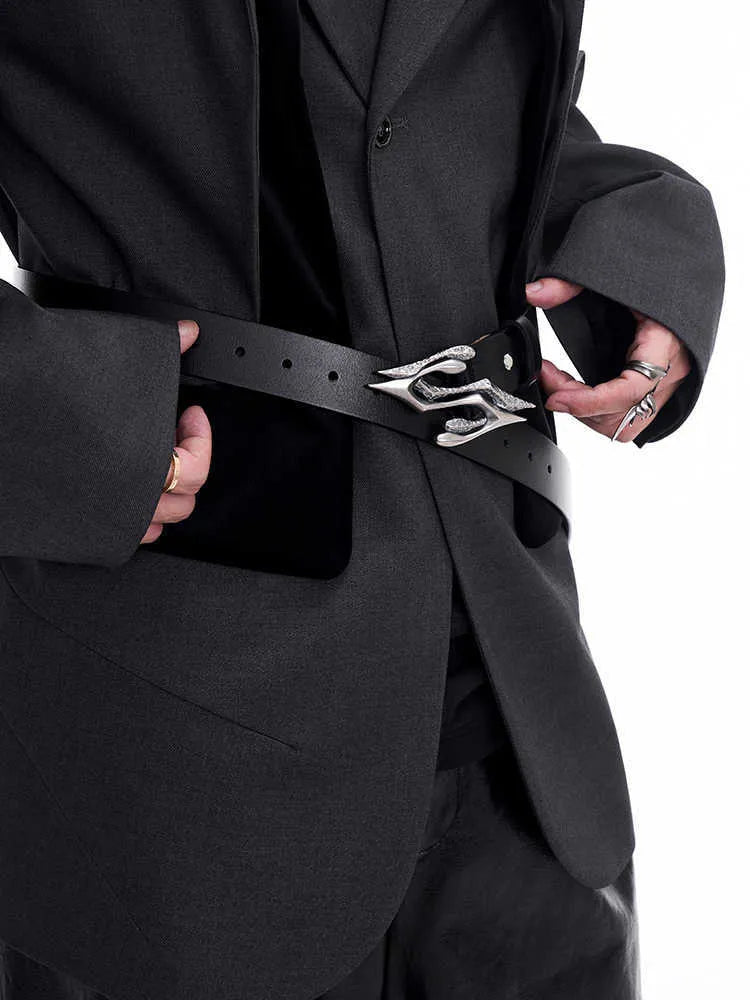 Men's black leather belt with metal letter buckle showing 110cm length