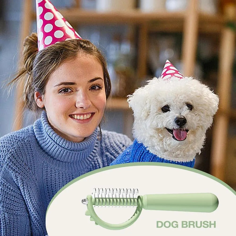 Dinosaur-shaped cat brush with stainless steel pins for self-cleaning pet grooming