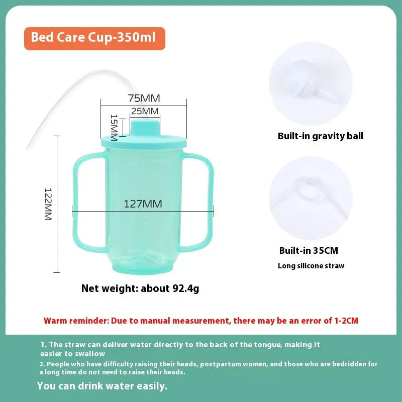 Adult bed drinking cup with oblique anti-choke mouth design and optional wrist splint attachment