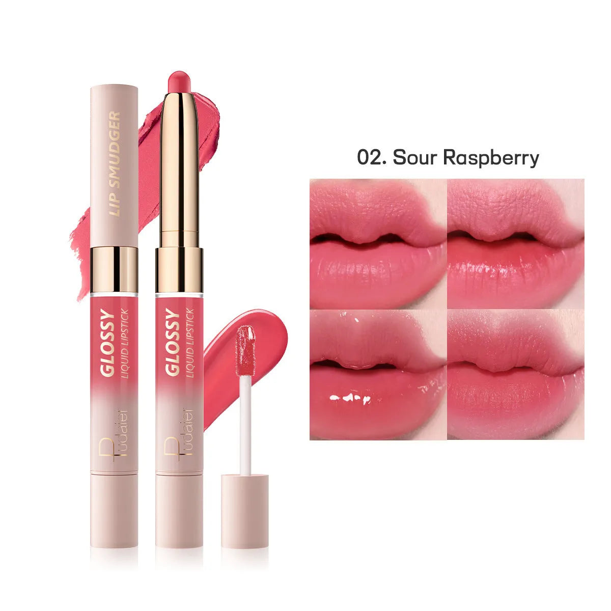 Double-headed lipstick and lip gloss cosmetic product showing matte and glossy ends