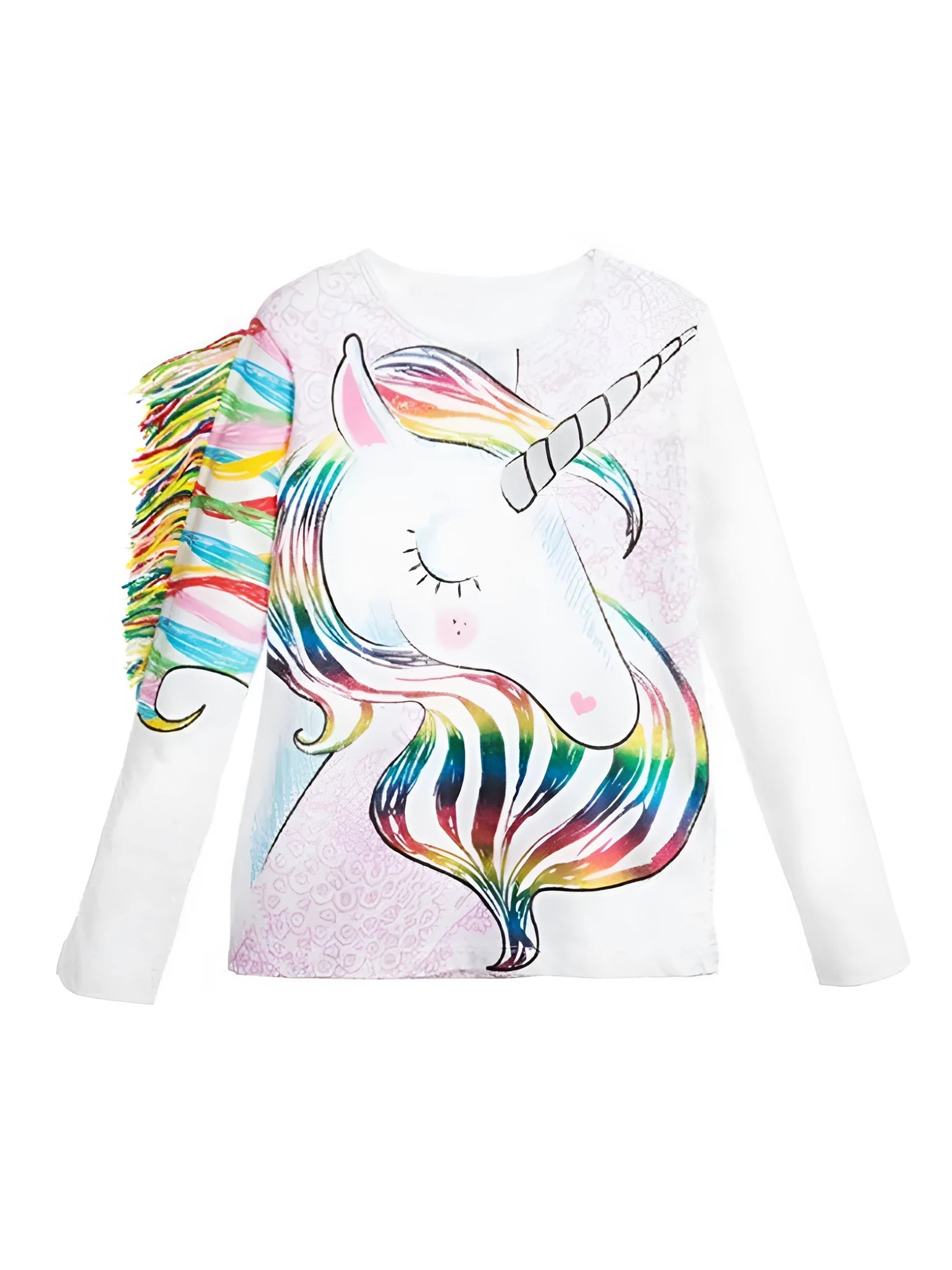 White children's cotton T-shirt with stereo horse hair print and abstract animal cartoon pattern, long sleeve round neck style for boys and girls
