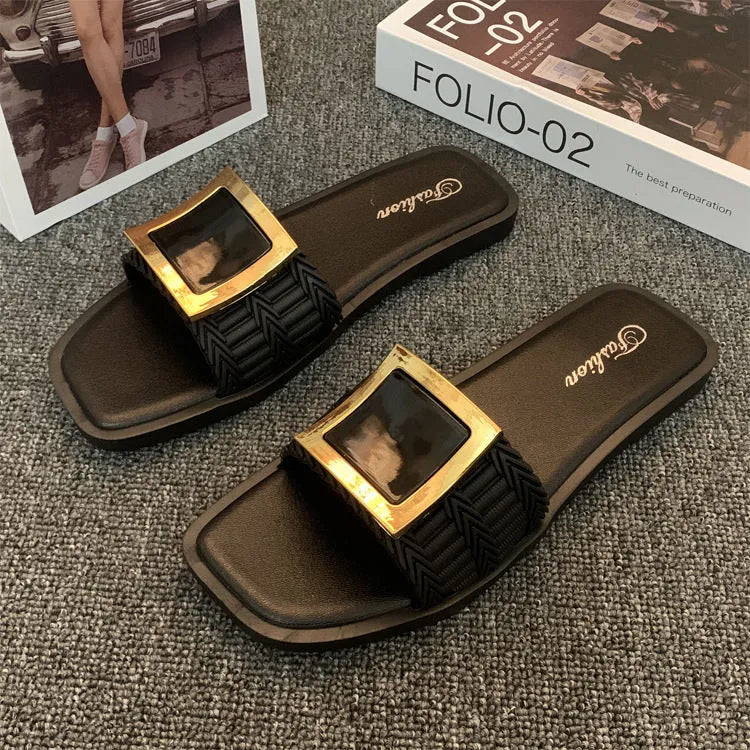 Women's flat summer slippers in apricot, black, or khaki with lightweight PVC soles.