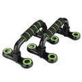 Multifunctional I-shaped detachable push up bars with black fruit green foam grip on a home gym floor