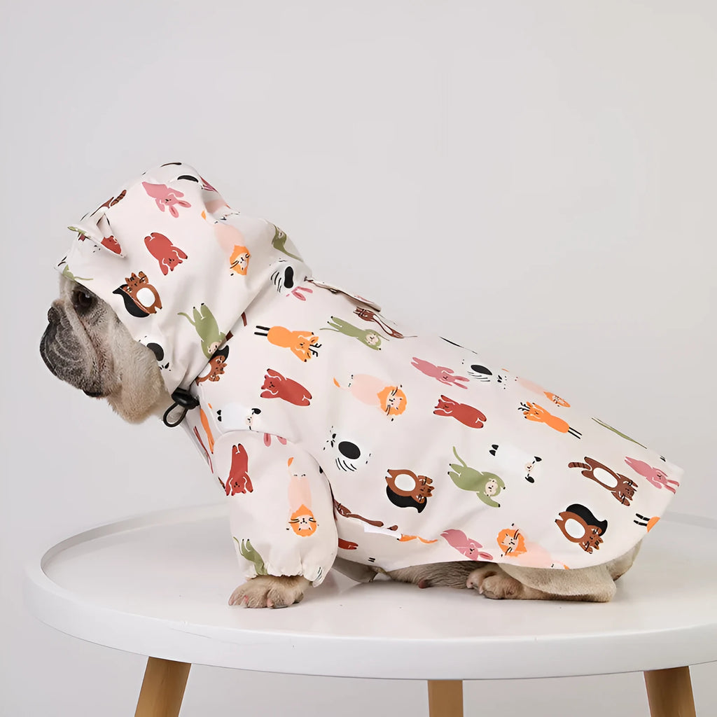 Beige cartoon print dog raincoat with double waterproof PU coating.