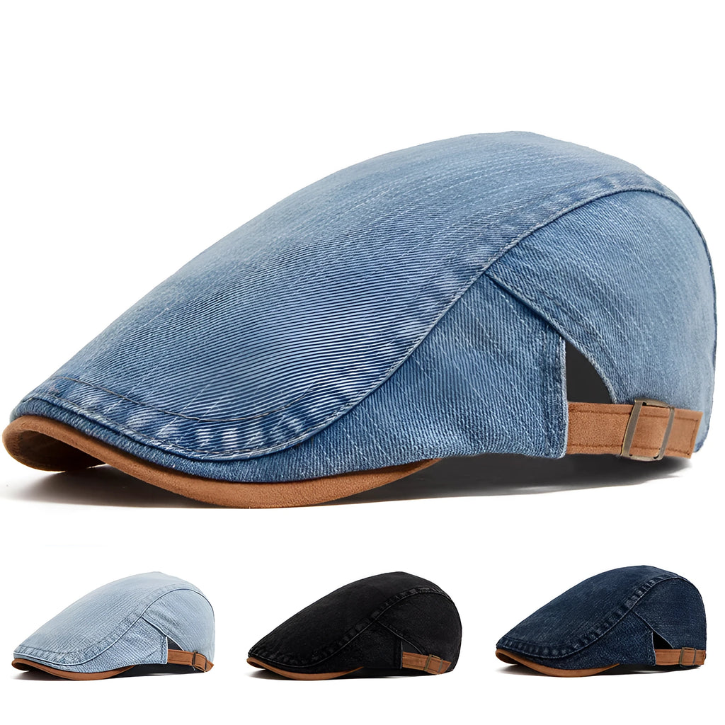 Retro men's casual cotton beret in blue with dome crown and adjustable fit