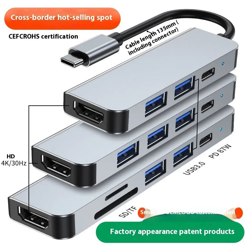 Portable six-in-one USB-C expansion dock with 100W charging capability for laptops and tablets