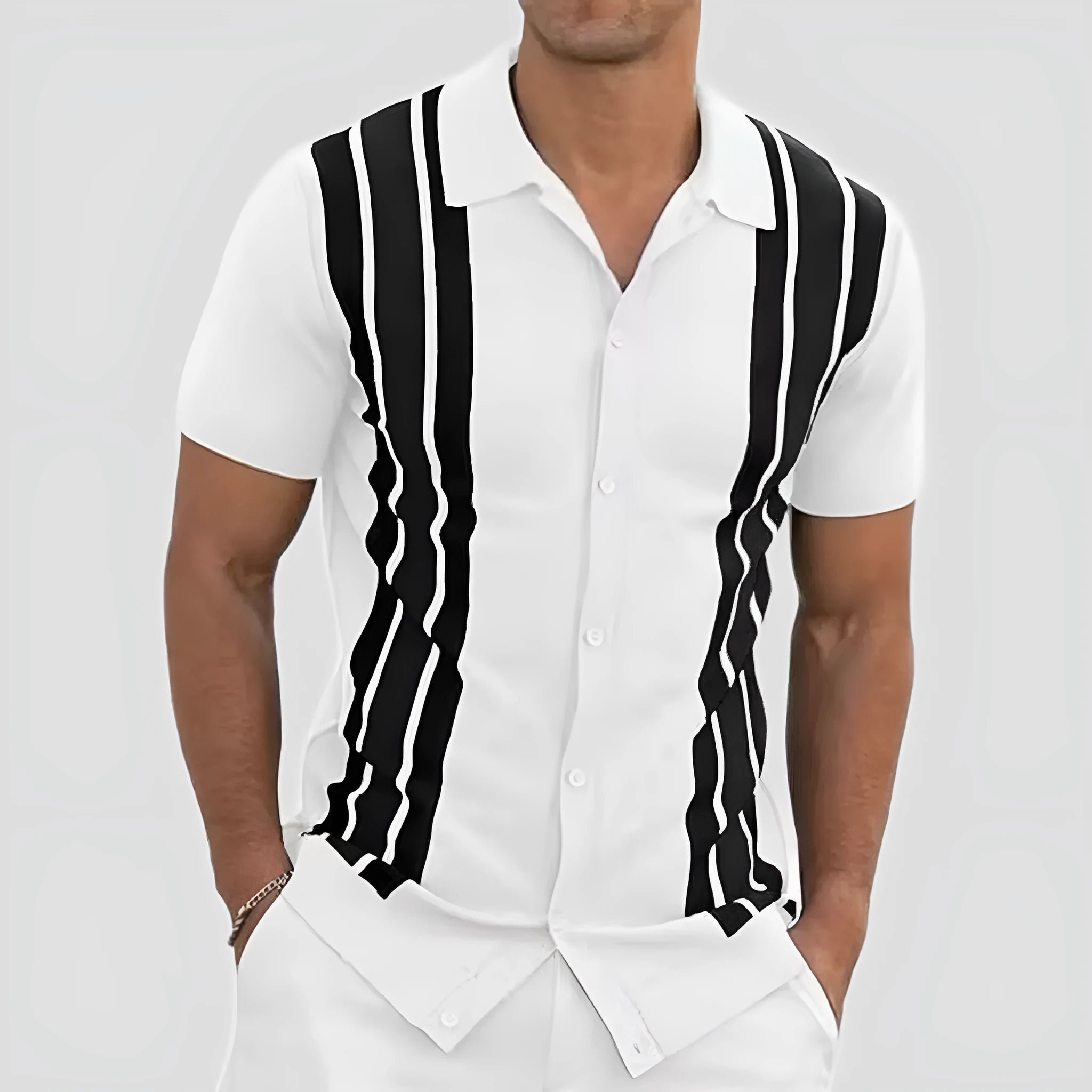 Men's short-sleeved cardigan shirt in polyester, available in six colours and sizes S to 6XL, for casual summer wear