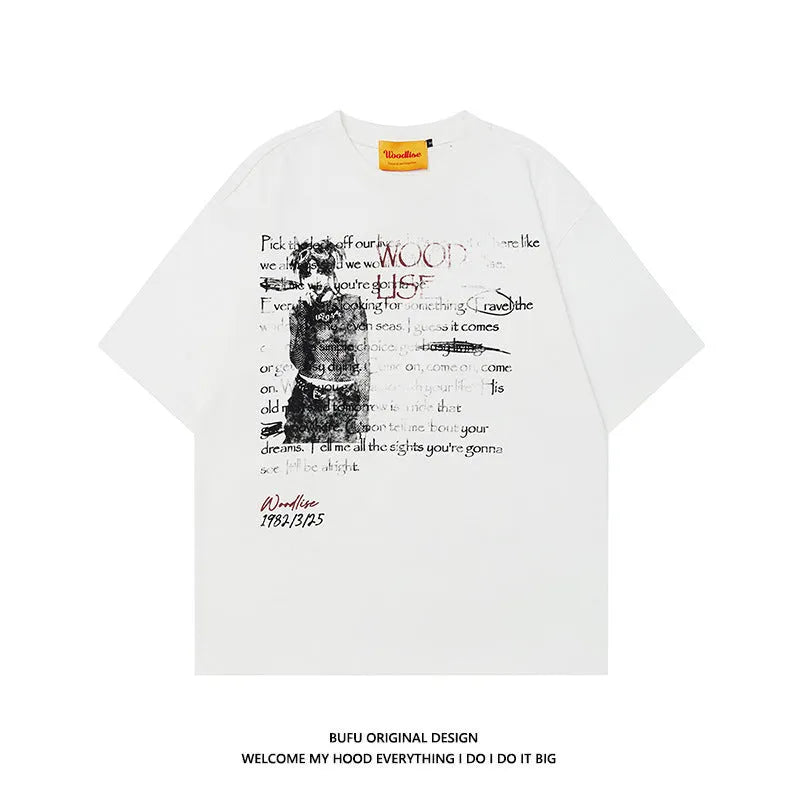 Men's black hip hop style cotton T-shirt with white letter printing and loose fit