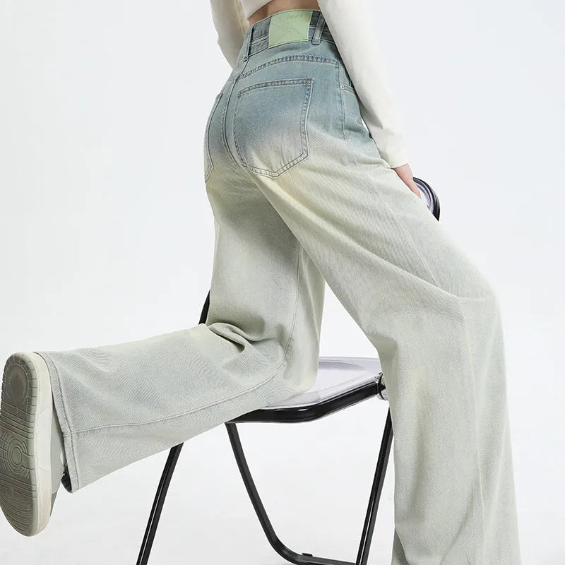 Gradient blue straight-leg denim trousers for women with wide leg design