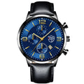 Men's calendar quartz watch with 42mm round alloy case, white dial, date window, and pin buckle on a black band