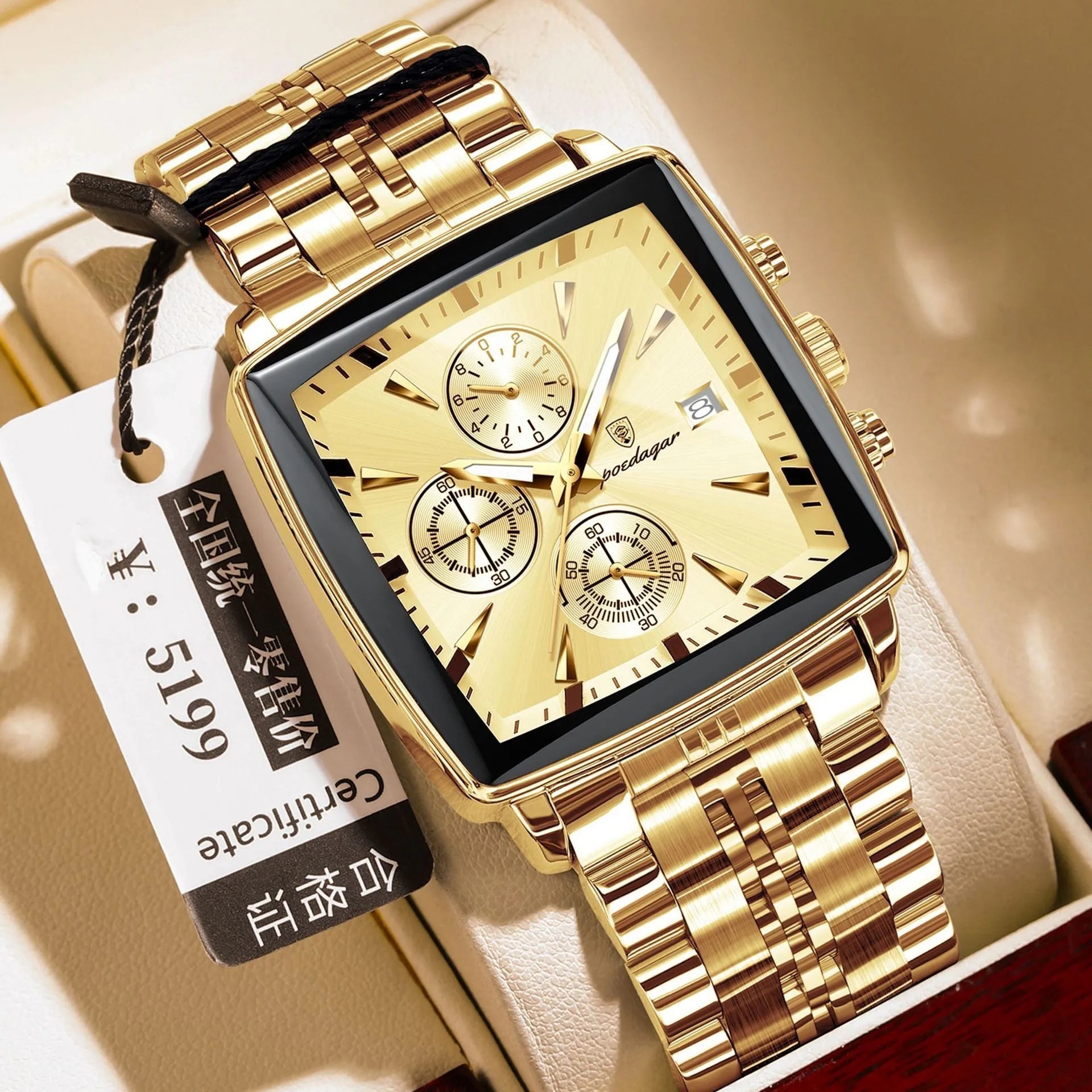 Square men's business quartz watch with stainless steel band and butterfly buckle in gold and blue colour combination.