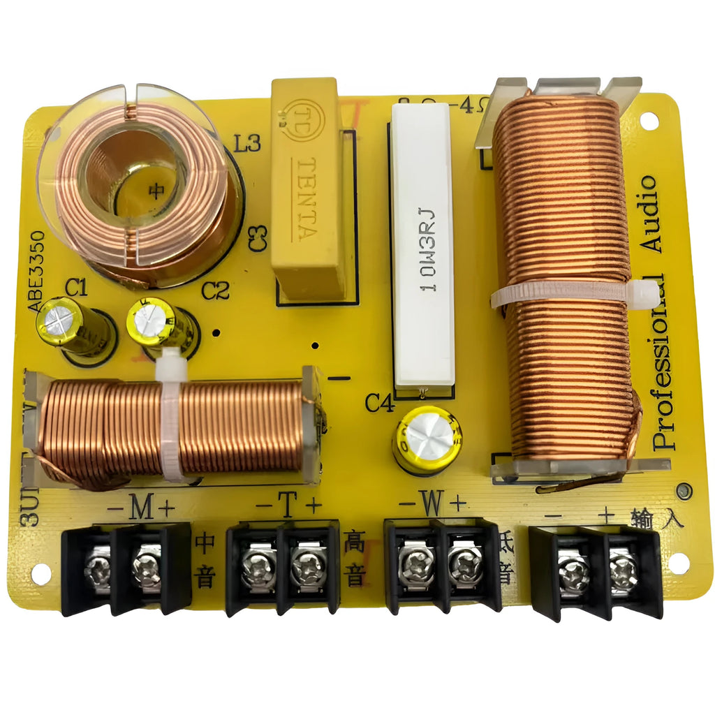 Three-way audio crossover board with 400W rating, solderless terminals, and through-hole mounting points