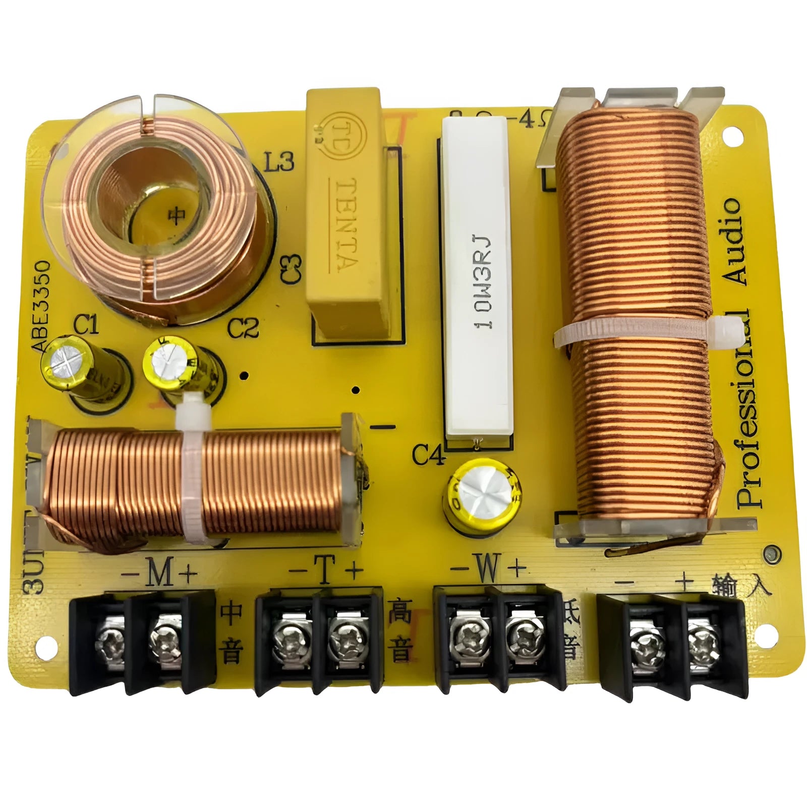 Three-way audio crossover board with 400W rating, solderless terminals, and through-hole mounting points
