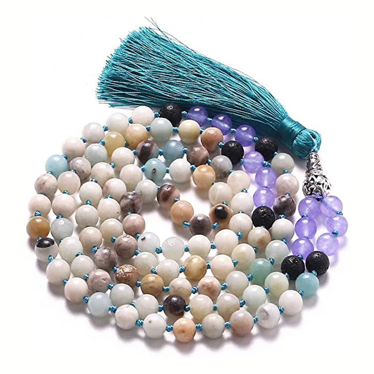Geometric agate tassel necklace with colourful stone beads measuring 95-100cm in length