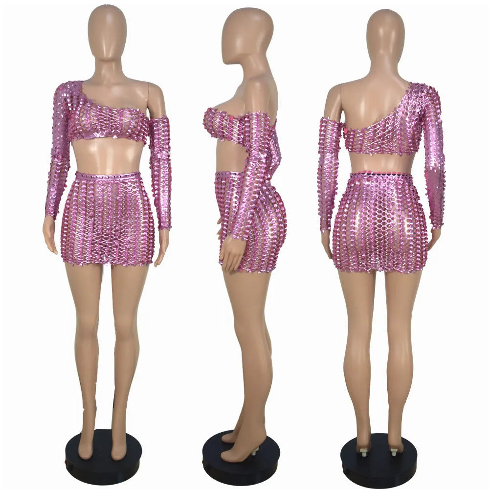 Women's black net hole hollow-out two-piece dress set with sleeveless top and short skirt