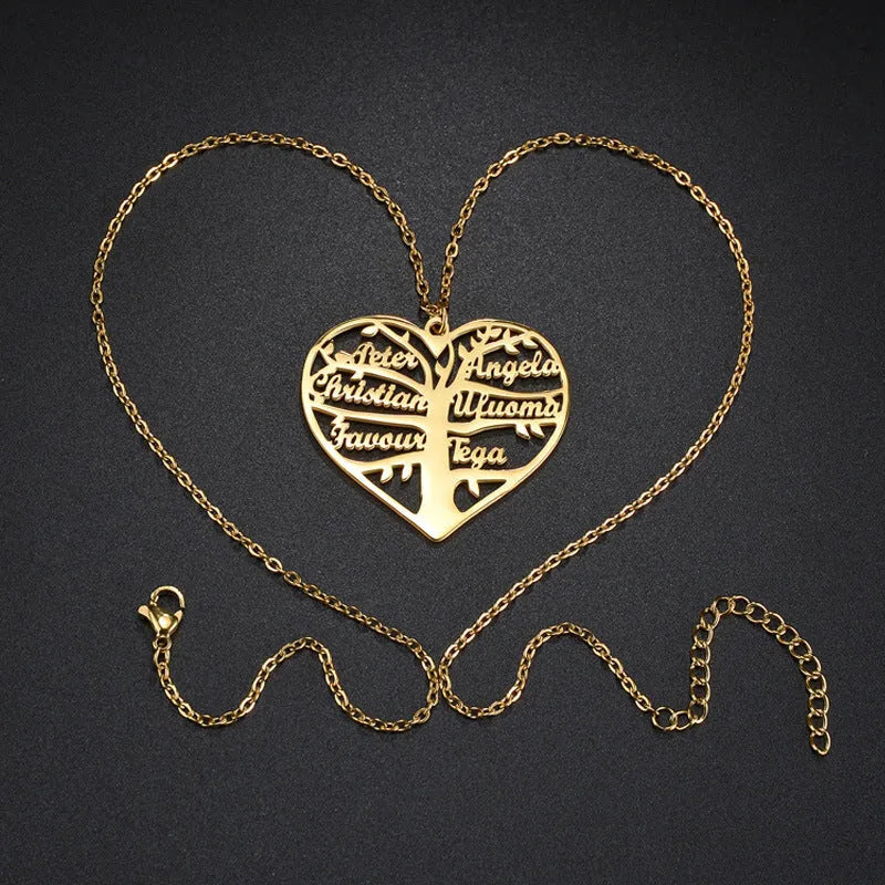 Personalised stainless steel necklace with hollow heart and lucky tree pendant showing custom name engraving