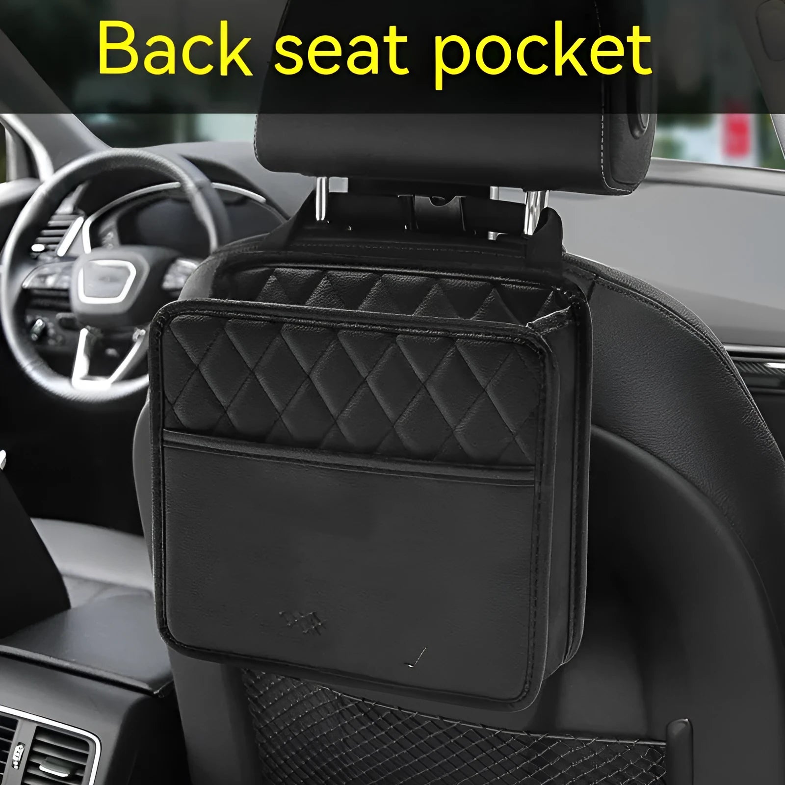 Car interior hanging storage bag organiser in black colour with 25x25x8 cm dimensions