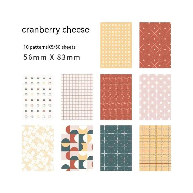 Pack of 50 retro dessert-themed collage note papers in ten colours including caramel puff and blueberry wood sauce.