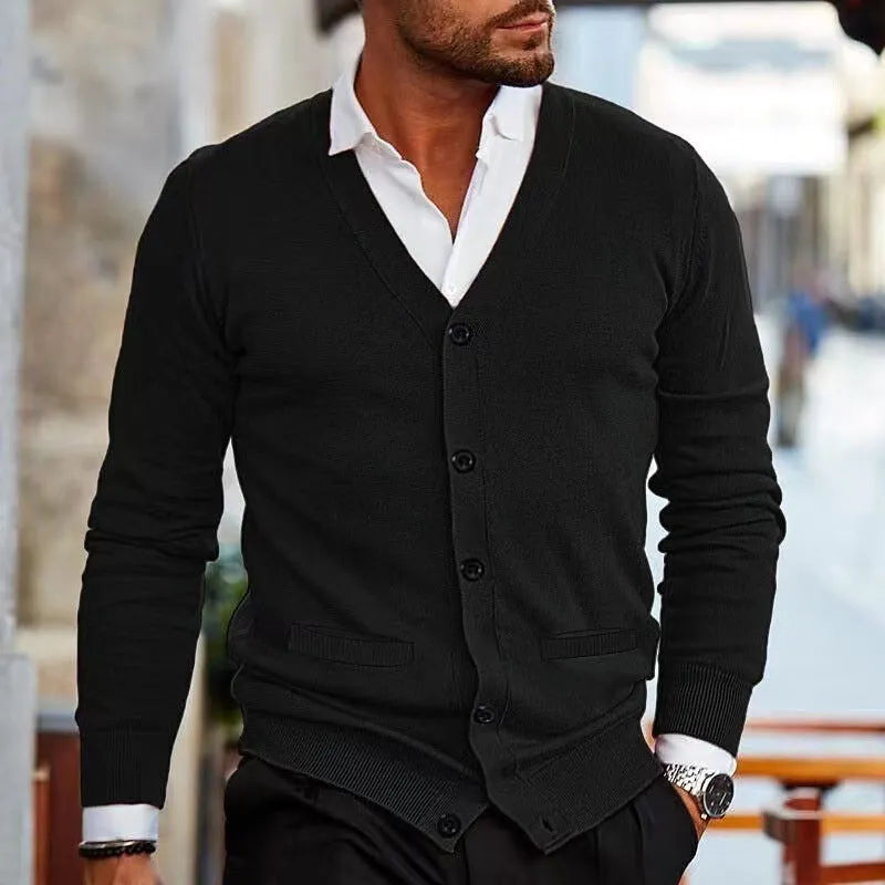 Men's slim fit acrylic cardigan sweater in beige colour, shown on a model.