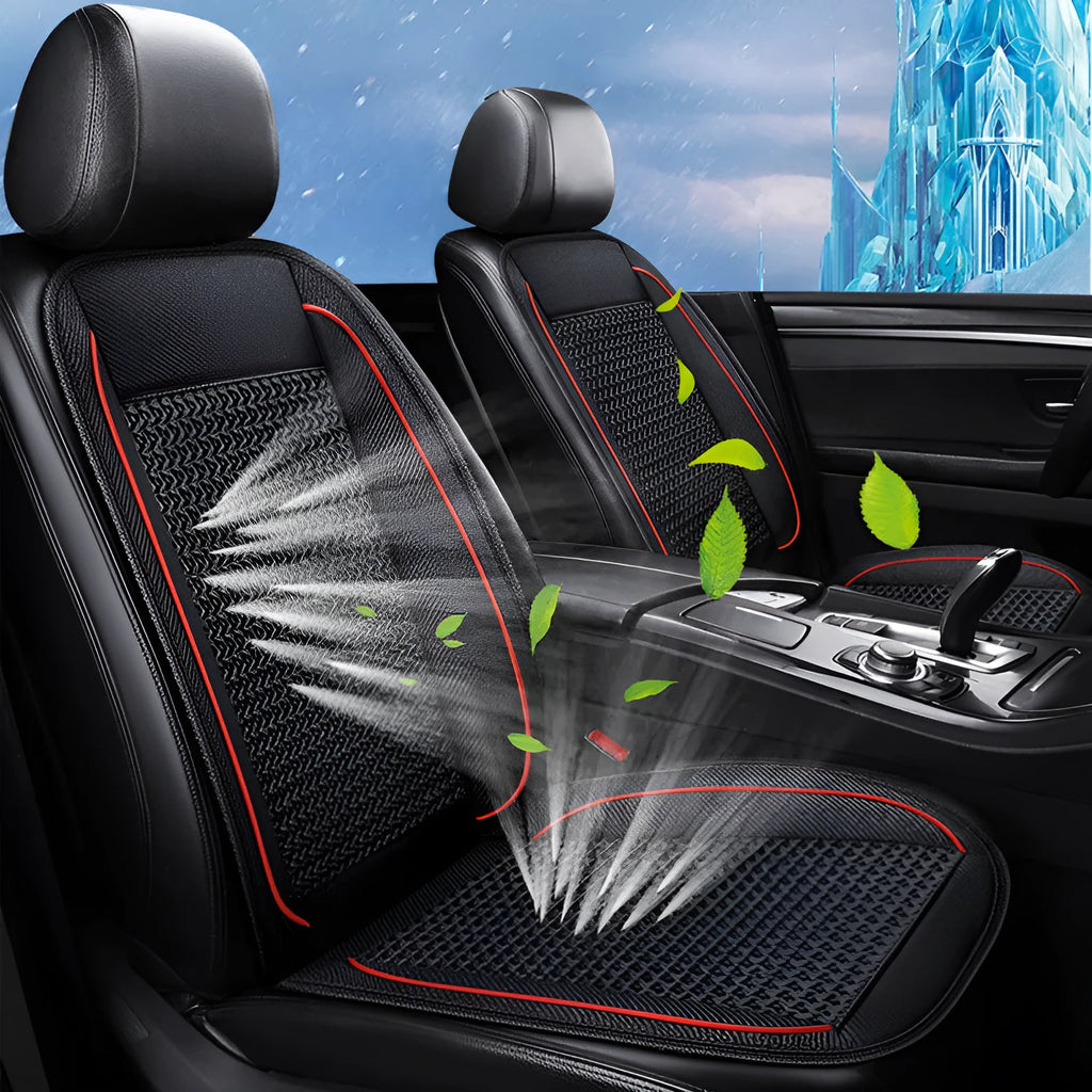 Square black car ventilation seat cushion on a car seat with a connected power cord.