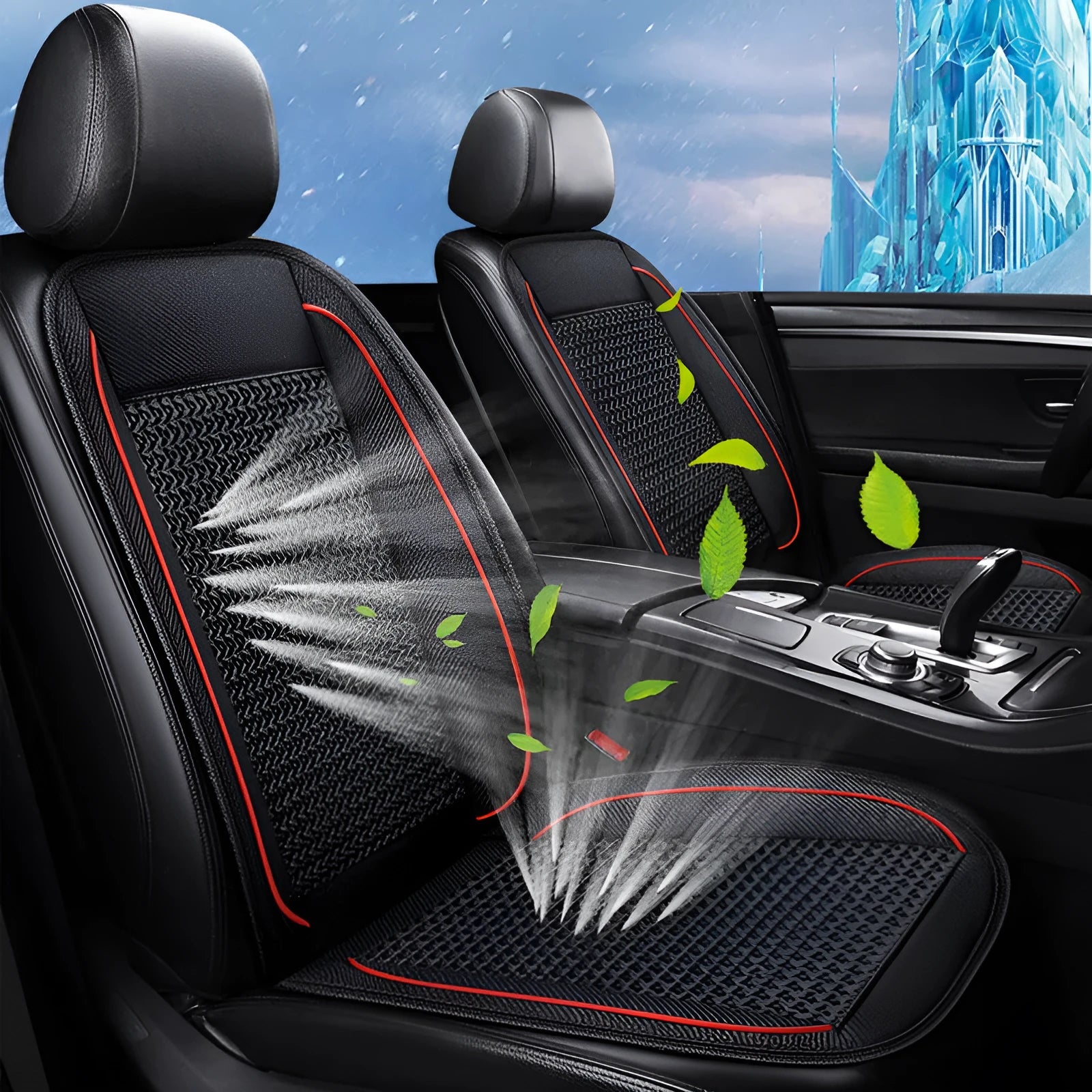 Square black car ventilation seat cushion on a car seat with a connected power cord.