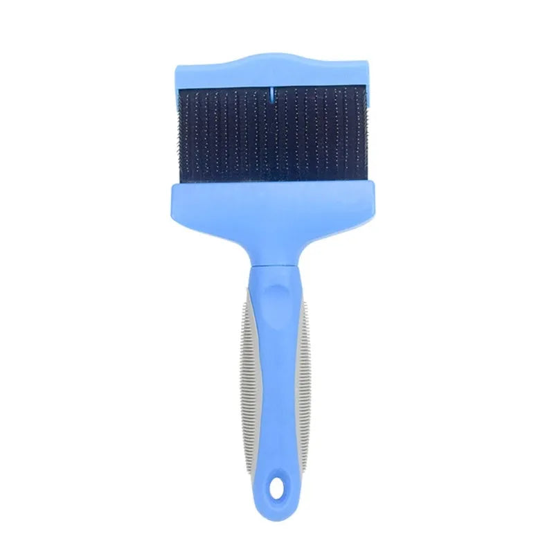 Double-sided pet brush with stainless steel pins and ABS plastic handle in blue or pink colour options