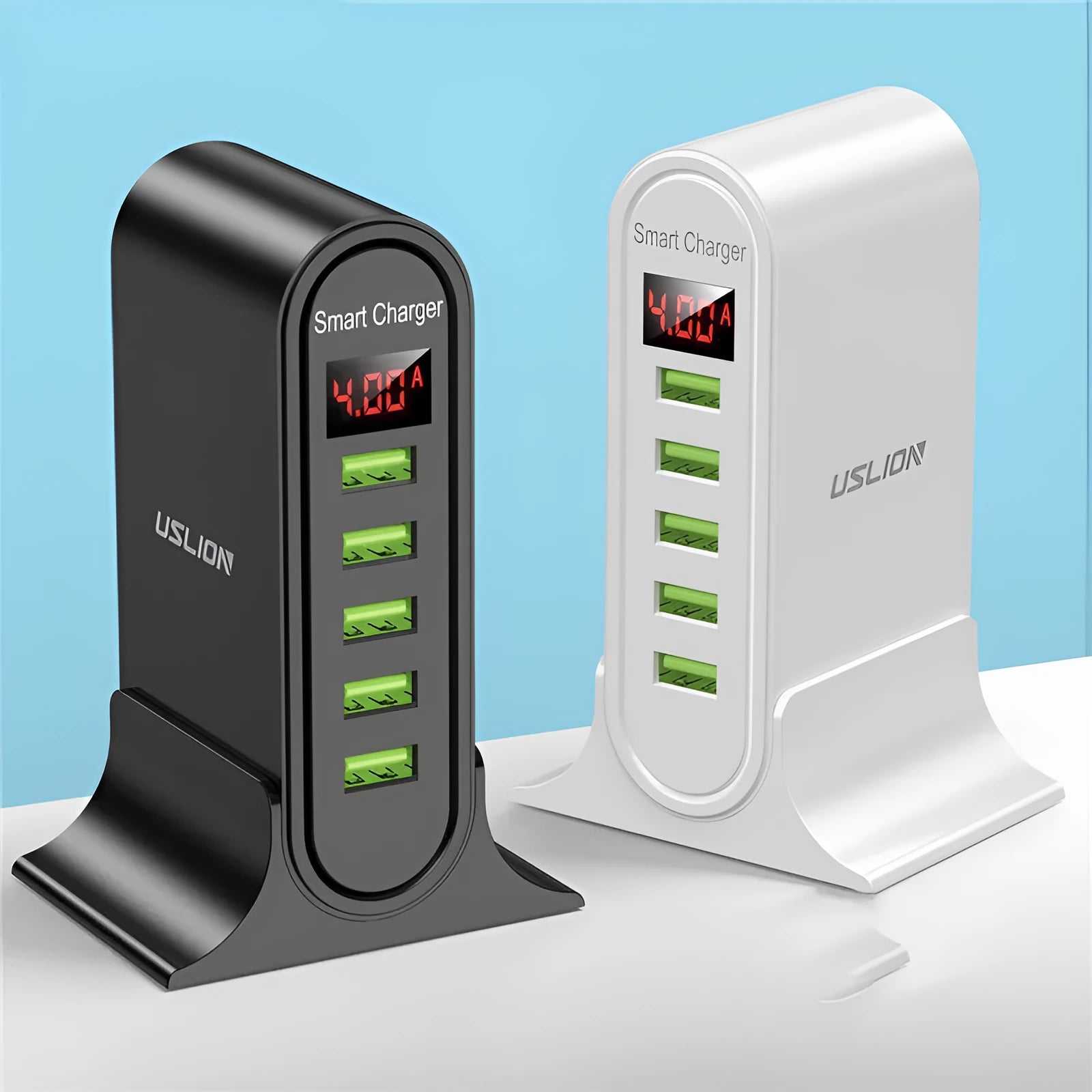 Smart LED digital display USB charger in black or white with choice of plug styles