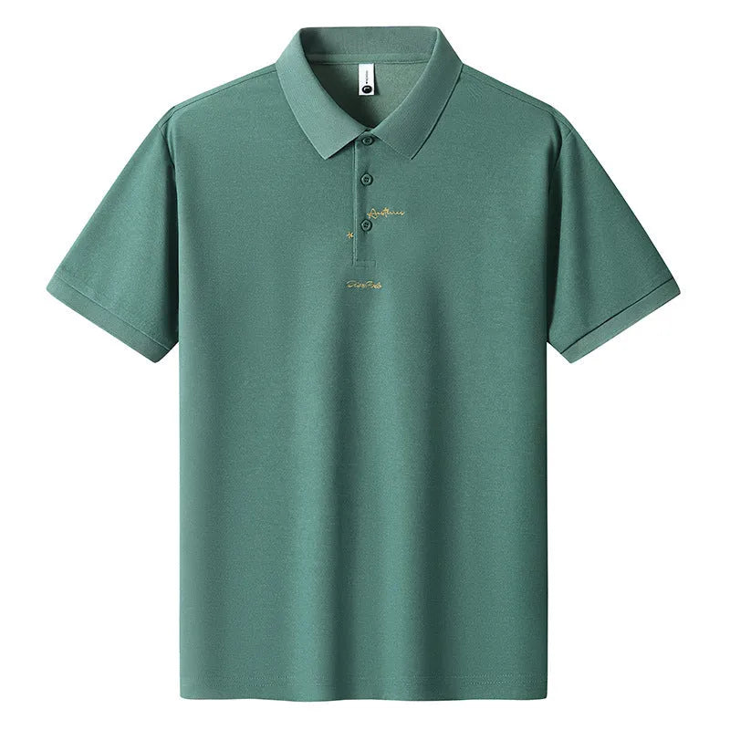 Men's loose-fitting short sleeve cotton T-shirt in six colour options on a size chart background.