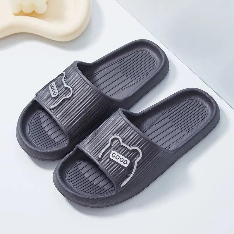 Cartoon bear EVA slippers in lemon yellow, open toe, non-slip sole, for bathroom house use