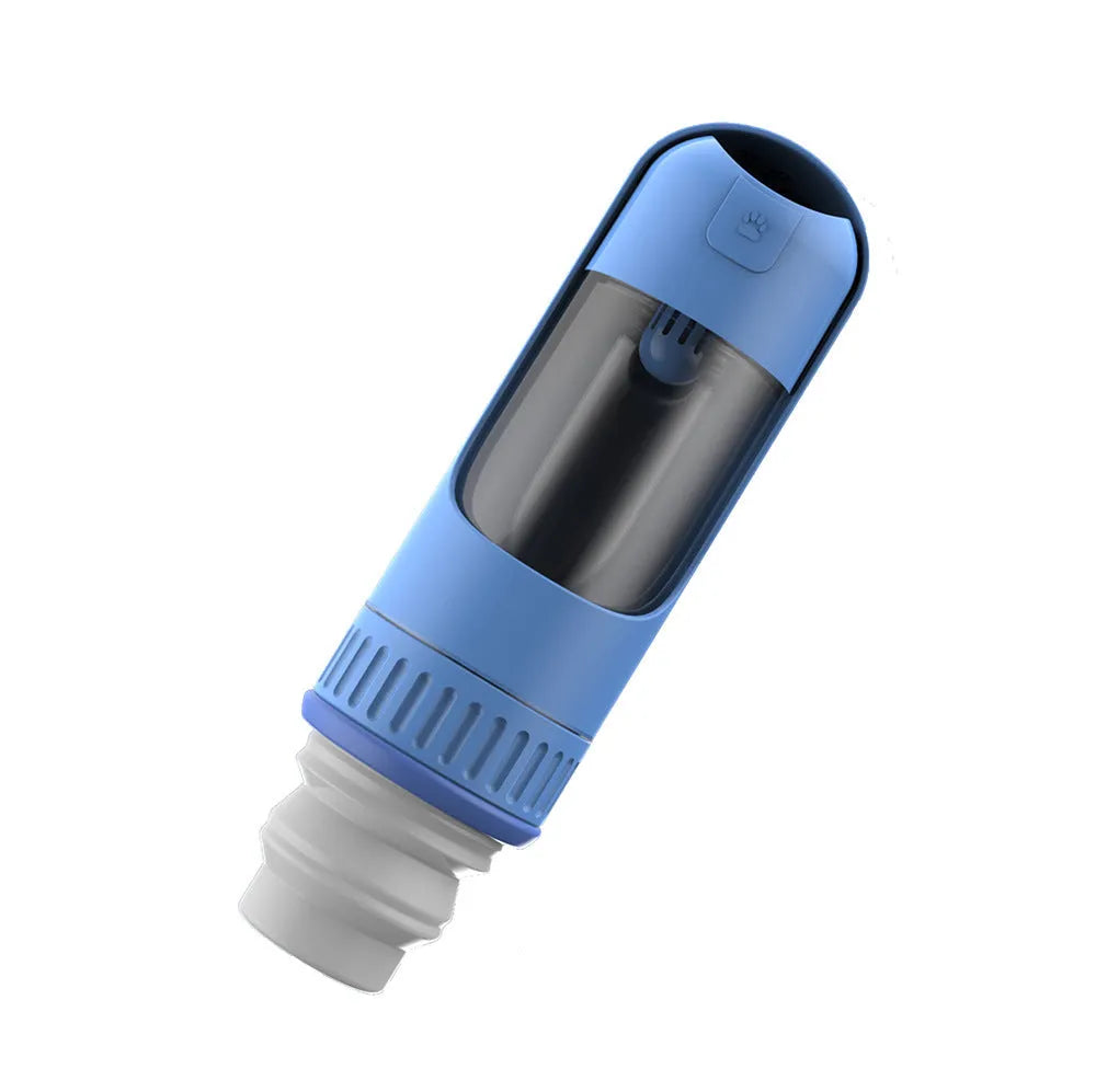 Portable dog water bottle with integrated bowl in dark blue, white, or yellow colours