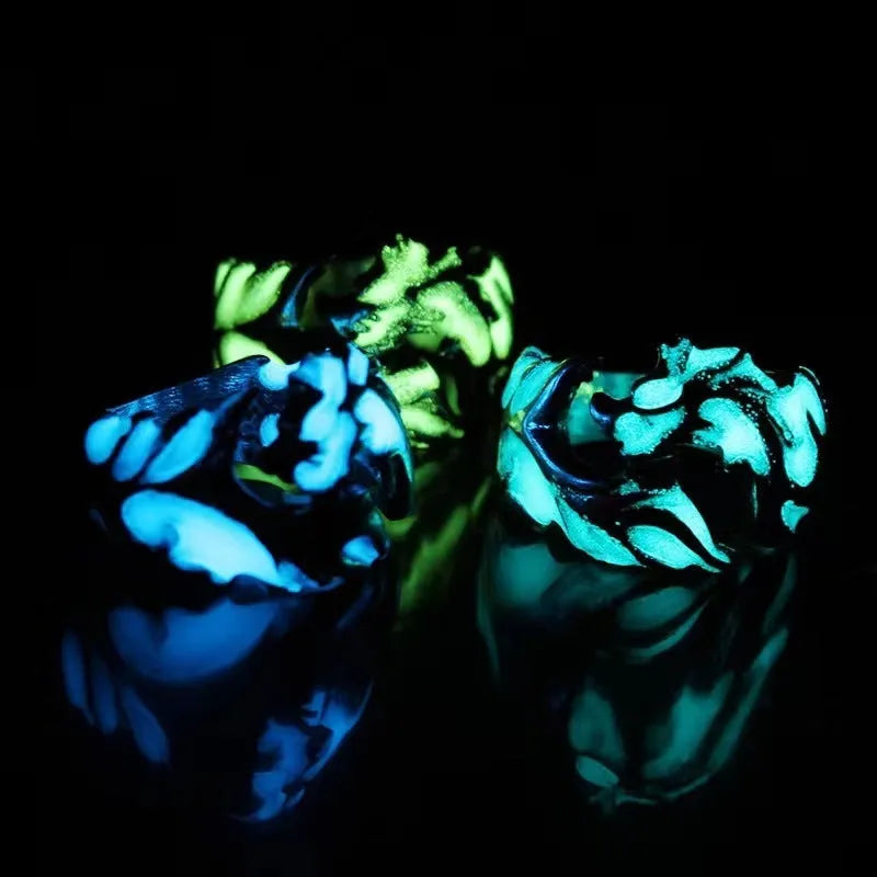 Chinese style adjustable ring with luminous dragon pattern in antique silver blue and green electroplated metal