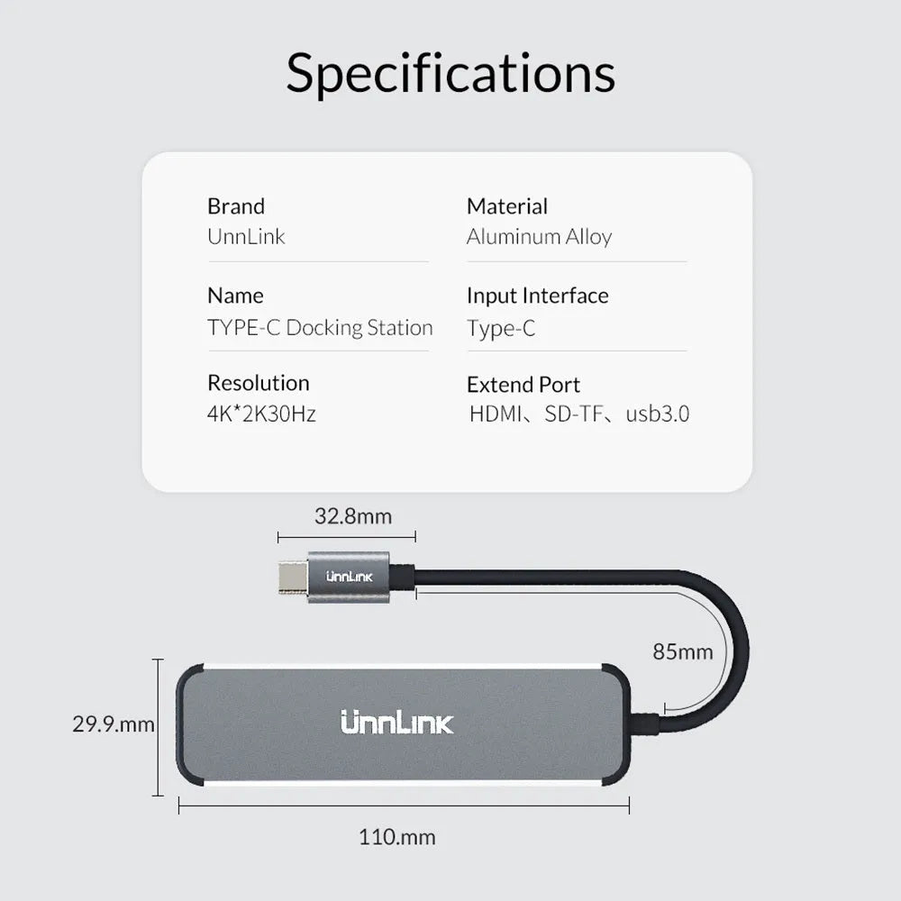 Silver aluminium alloy USB-C docking station with HDMI, SD/TF, and USB 3.0 ports