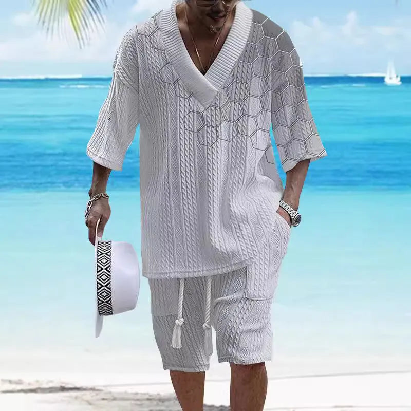 Men's printed knitted shorts suit with drop-shoulder short-sleeved top and matching shorts