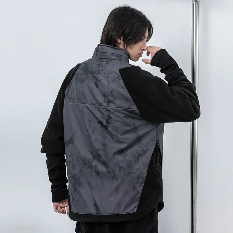 Men's black cotton fleece jacket with hood and trend stitching, loose fit