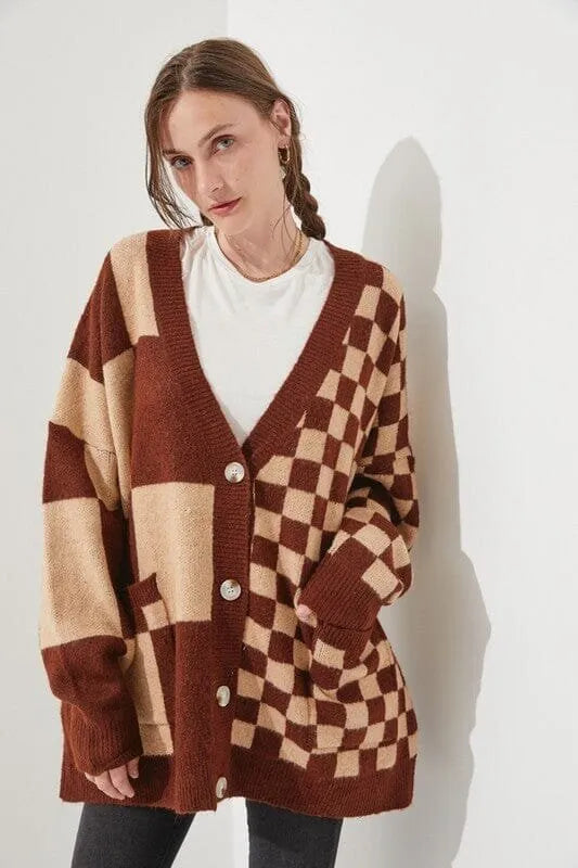Women's loose slim fit printed checks knitwear cardigan in polyester spandex fabric