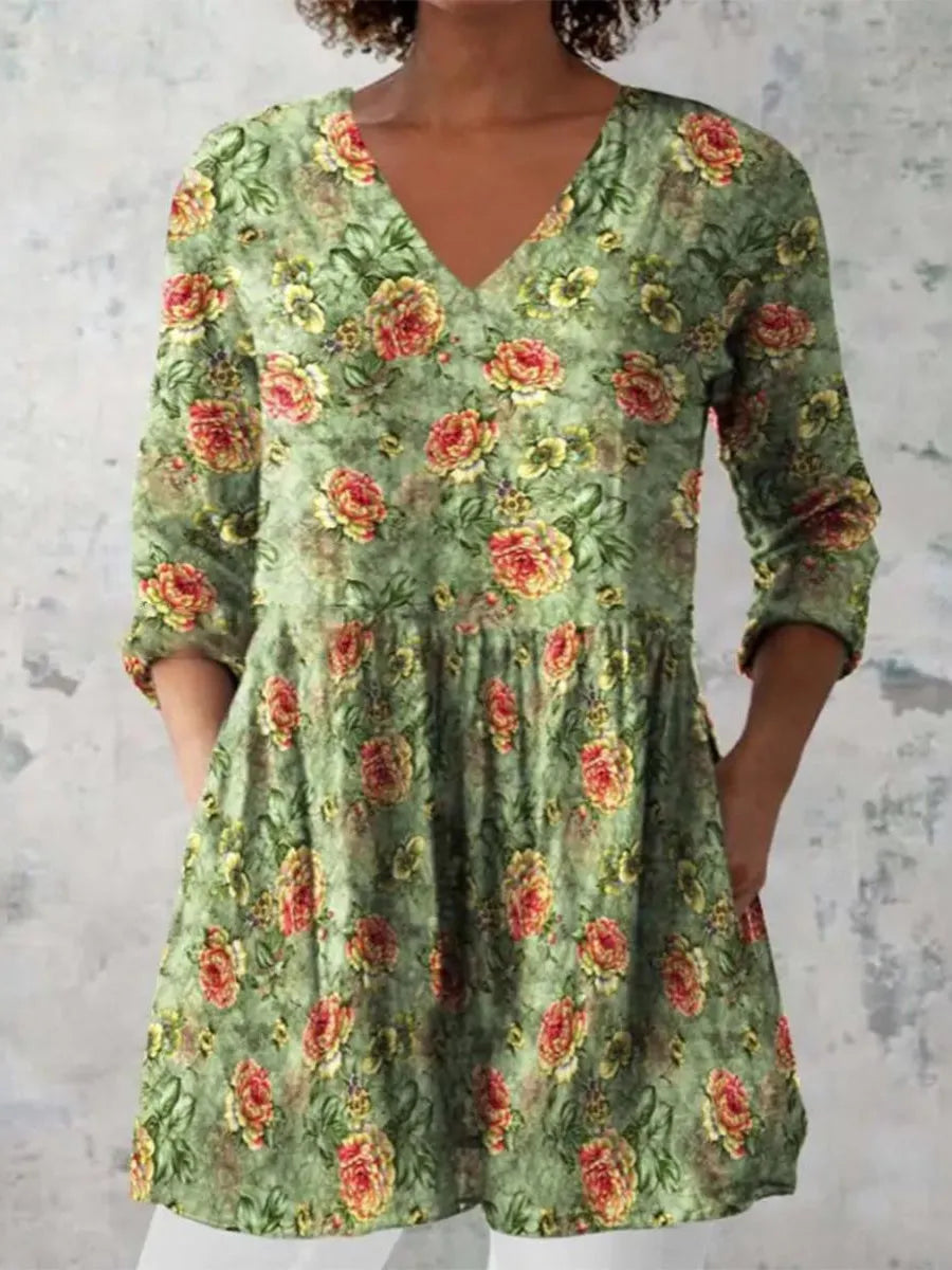 Women's printed loose dress with wave pattern, 3/4 sleeves and elastic waistband