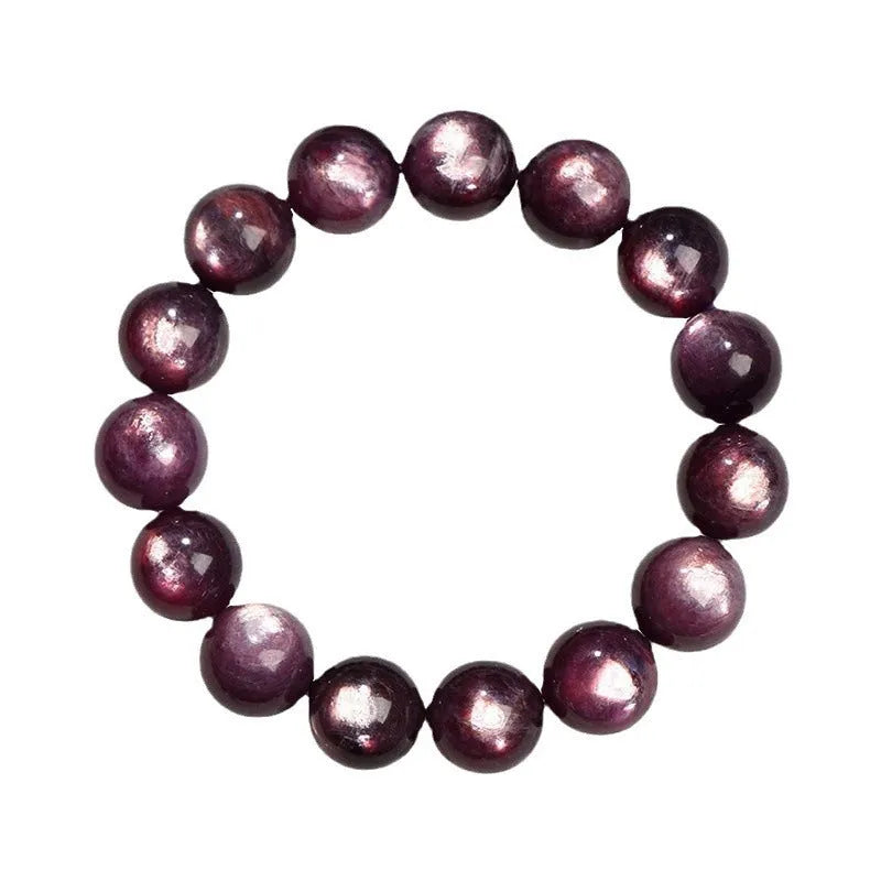 Purple lepidolite crystal bracelet with round polished beads, showing five different bead size options.