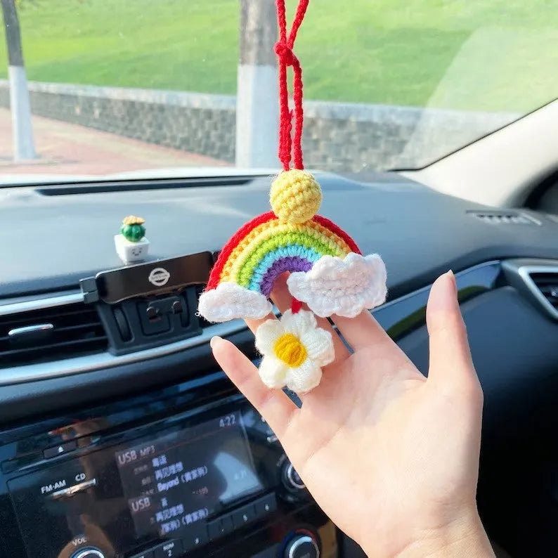 Handmade crocheted avocado rainbow flower car pendant in wool yarn for vehicle interior decoration