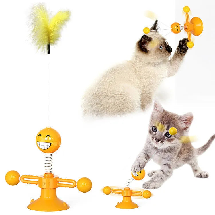 Cat rotating windmill toy with suction base on floor, two transparent bins, luminous ball, teeth grinding function, blue yellow green colour