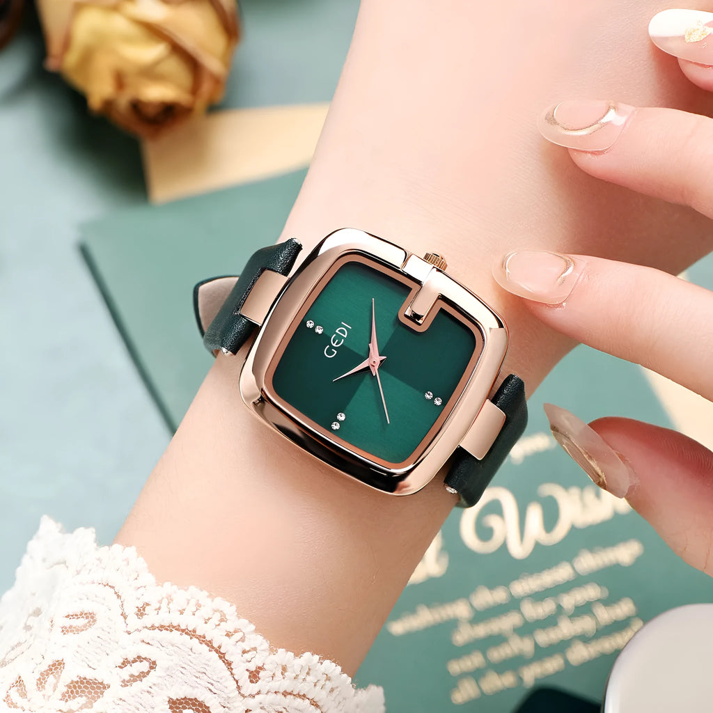 Women's leather quartz watch with 36mm hardened glass dial on a 230mm leather strap in black