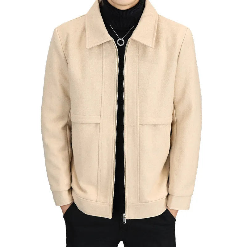 Men's khaki cotton blend polo collar casual jacket with side seam pockets