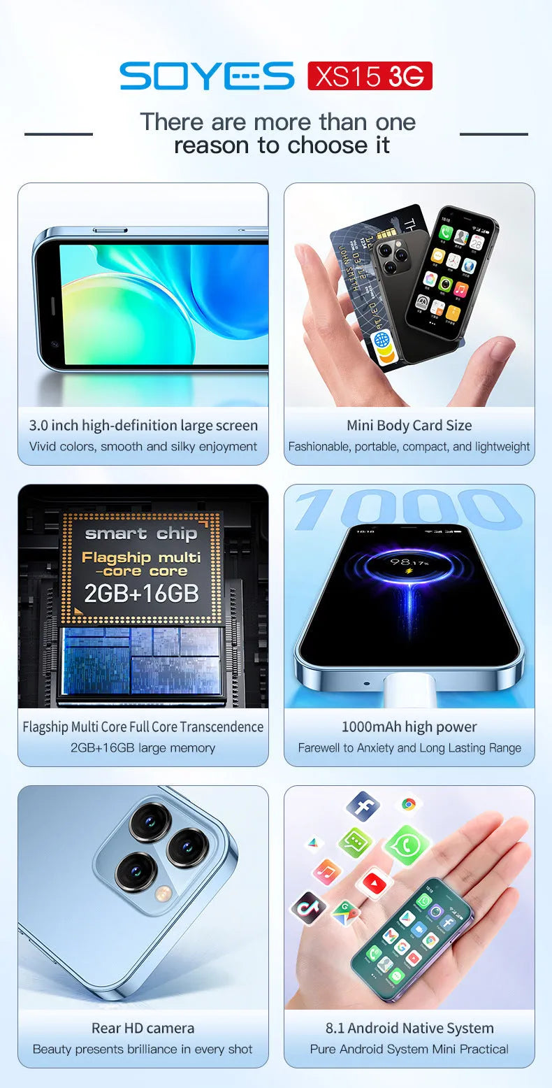 Black mini Android smartphone with 30cm screen showing home screen interface