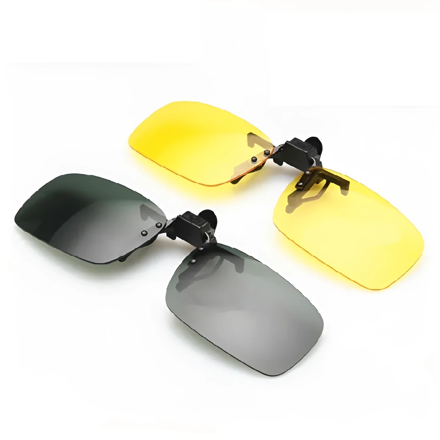 Myopia sunglasses clip for drivers with polarised PC lenses in grey, dark green, and night vision tint options