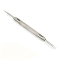 Stainless steel spring bar remover tool with V-edged and push-pin tips, 8.5cm length, on a grey background