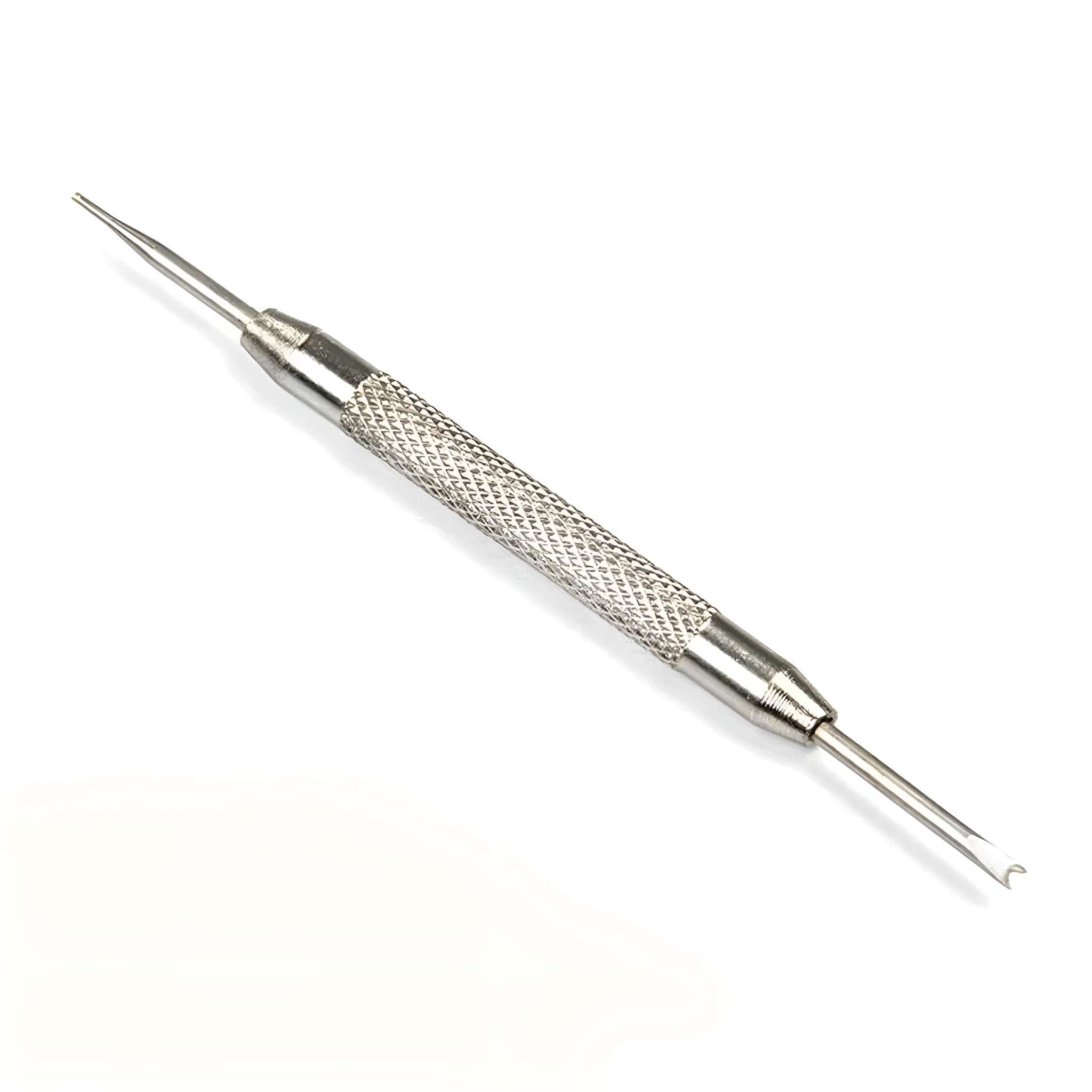 Stainless steel spring bar remover tool with V-edged and push-pin tips, 8.5cm length, on a grey background